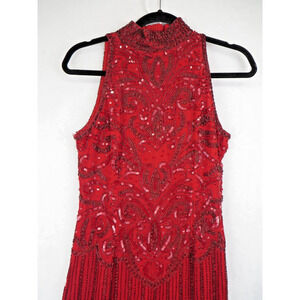 Vintage Laurence Kazar Red Beaded Floor Length Halter Sheath Gown Dress Sequin S